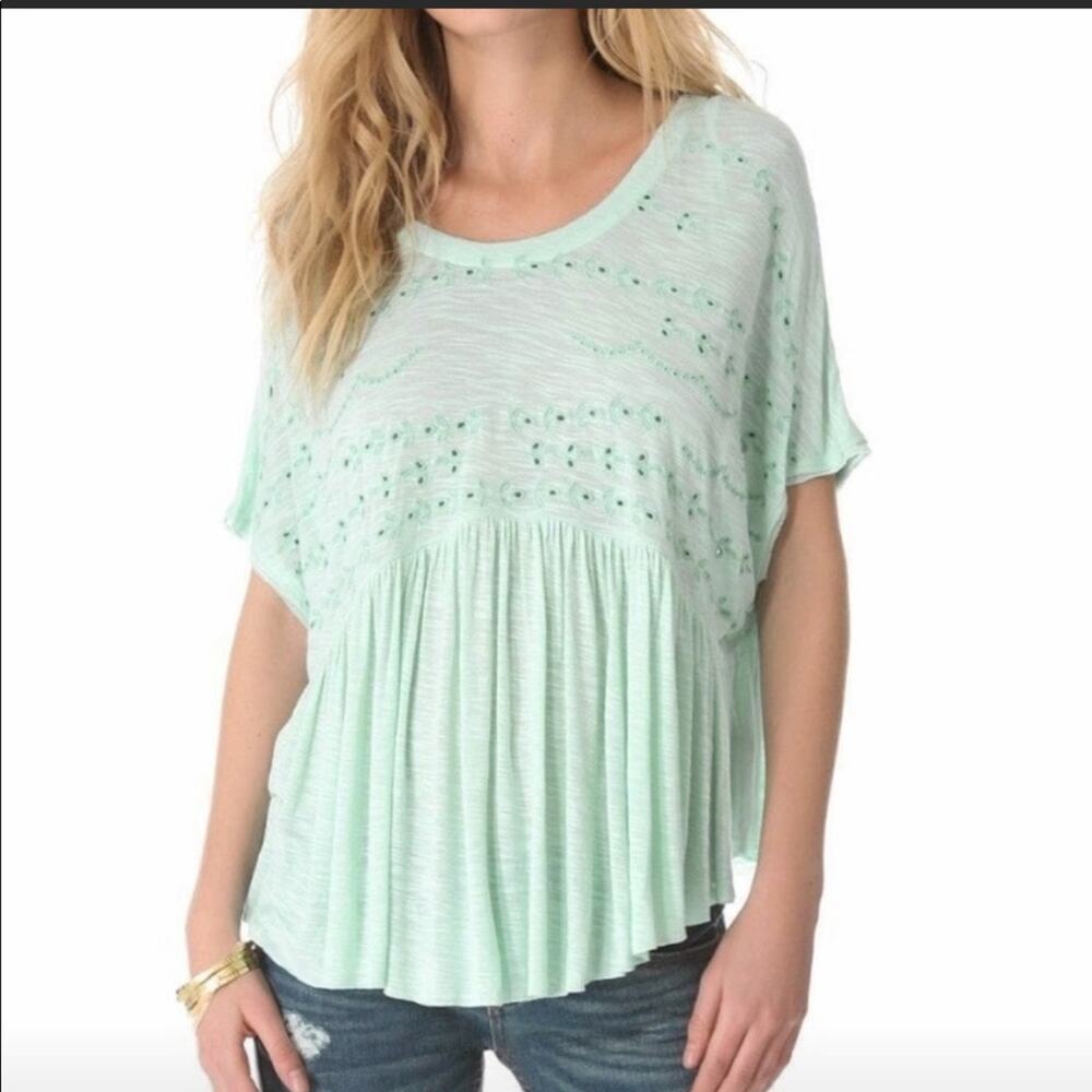 Free People teal green eyelet dolman short sleeve size medium flowy